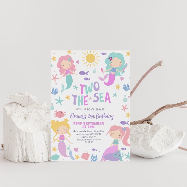 Invitación Sirenita De Salvia Púrpura Dos El Segundo Cumpleañ (Two the Sea Mermaids invitation, Mermaids and Sea, Ocean Life Girls 2nd Birthday Invitation,)