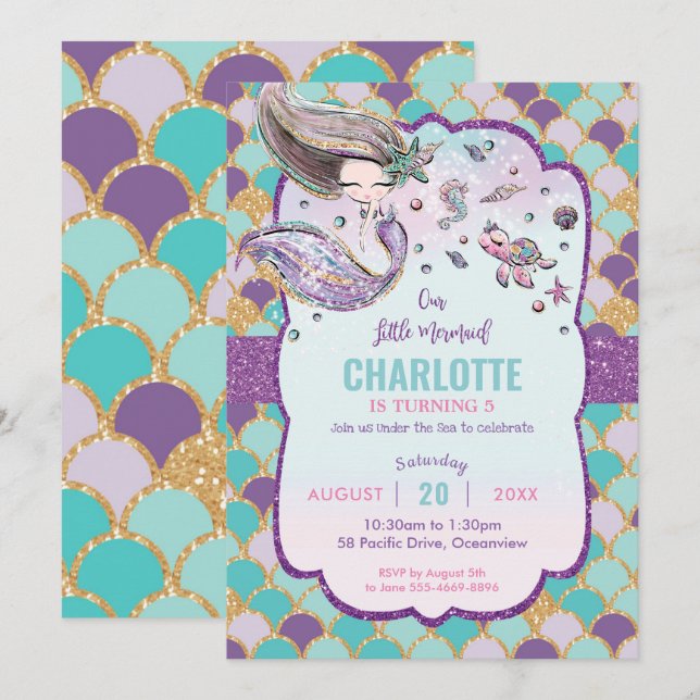 Invitación Sirenita fina bajo el mar Piscina de cumpleaños Oc (Anverso / Reverso)