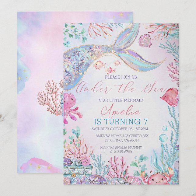 Invitación Sirenita invitada de cumpleaños a la sirena con co (Anverso / Reverso)