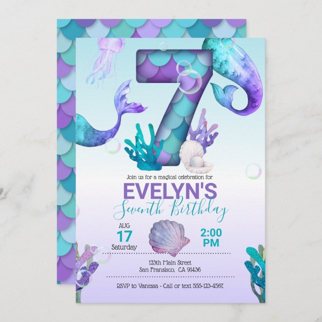 Invitación Sirenita invitada por sétimo cumpleaños (Anverso / Reverso)