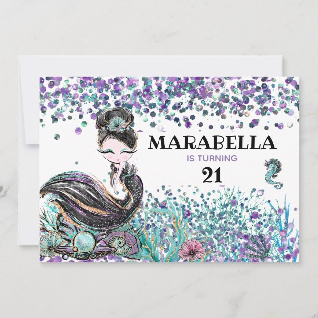Invitación *~* Sirenita LUXE 21 GLAM Bajo Fiesta de Cumpleaño (Anverso)