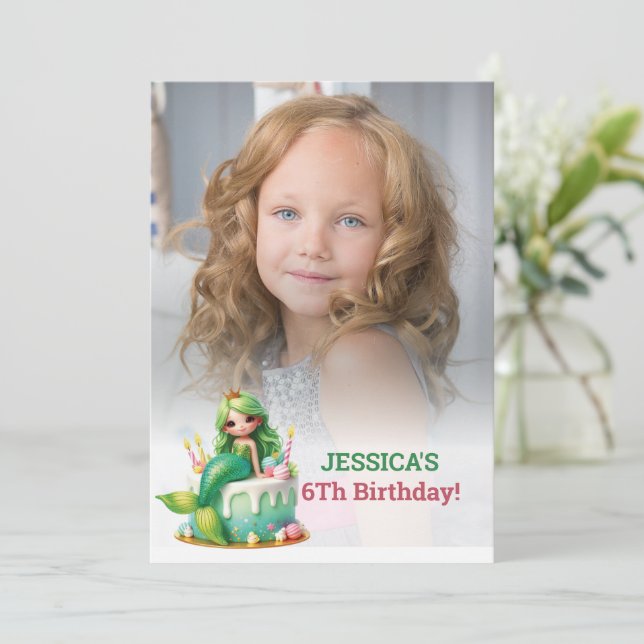 Invitación Sirenita mágica purpurina Foto de cumpleaños 6 (Anverso de pie)