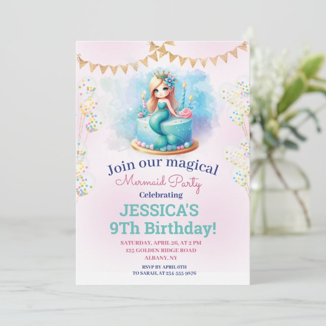 Invitación Sirenita mágica purpurina Novena Foto De Cumpleaño (Anverso de pie)