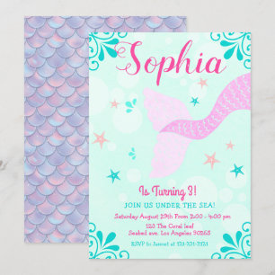Invitación Sirenita o bajo el mar Aqua Verde azulado cumpleañ