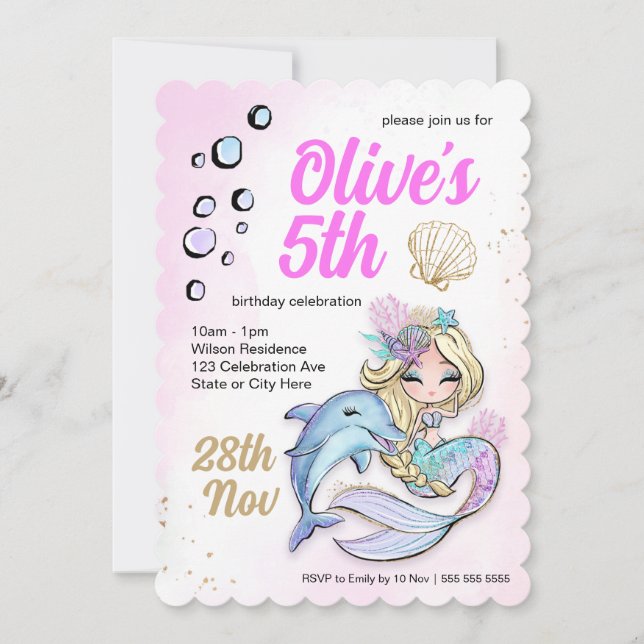 Invitación Sirenita personalizado bajo el borde ondulado del  (Anverso)