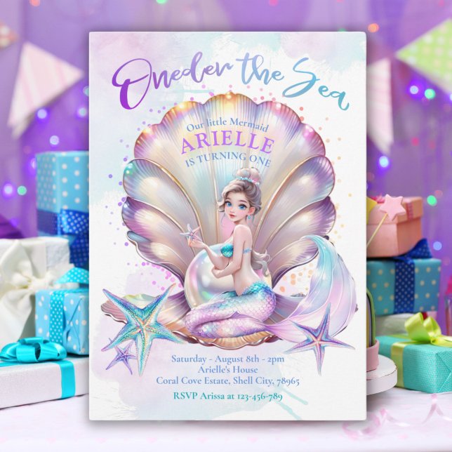 Invitación Sirenita Primer cumpleaños, una sirena marina (Little Mermaid 1st Birthday ONEder The Sea Mermaid Invitation)