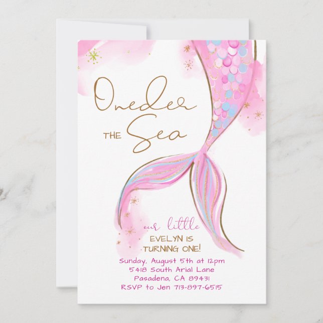 Invitación Sirenita rosa Primer Fiesta de cumpleaños ONE der  (Anverso)