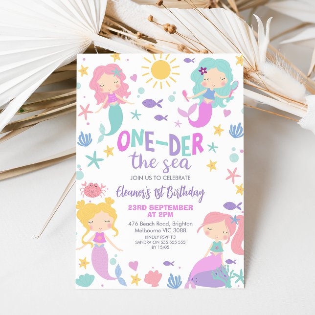 Invitación Sirenita Verde azulada morada en el mar Primer cum (Editable Oneder the Sea Mermaid Invitation, First 1st Mermaid Birthday Invitation, Little Mermaid)