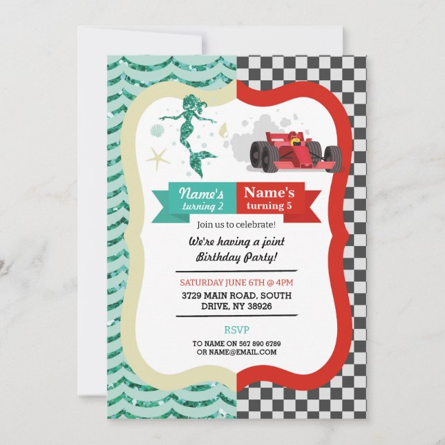 Invitación Sirenita y Carreras Coche chica Cumpleaños (Anverso)