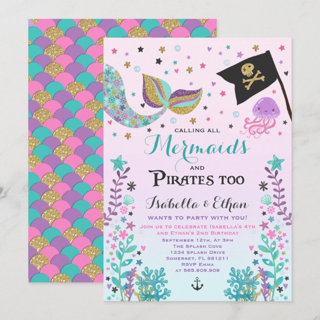 Invitación Sirenita y Chica pirata de cumpleaños  hermano inv (Anverso / Reverso)