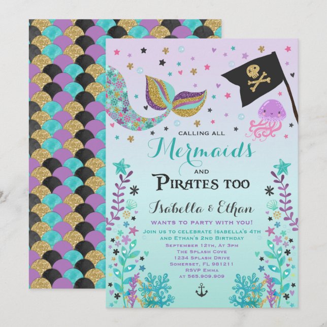 Invitación Sirenita y Chica pirata de cumpleaños  hermano inv (Anverso / Reverso)