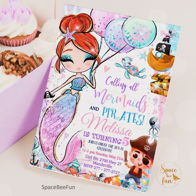 Invitación Sirenita y piratas invitan a la sirena de cumpleañ (mermaid birthday party,Mermaid and pirates,Birthday Invitation,Mermaid Pirates invites,Party mermaid)