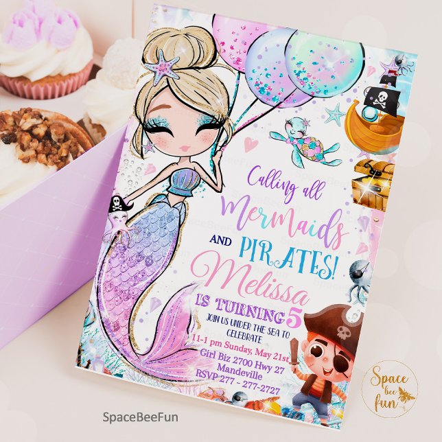 Invitación Sirenita y piratas invitan a la sirena de cumpleañ (mermaid birthday party,Mermaid and pirates,Birthday Invitation,Mermaid Pirates invites,Party mermaid)