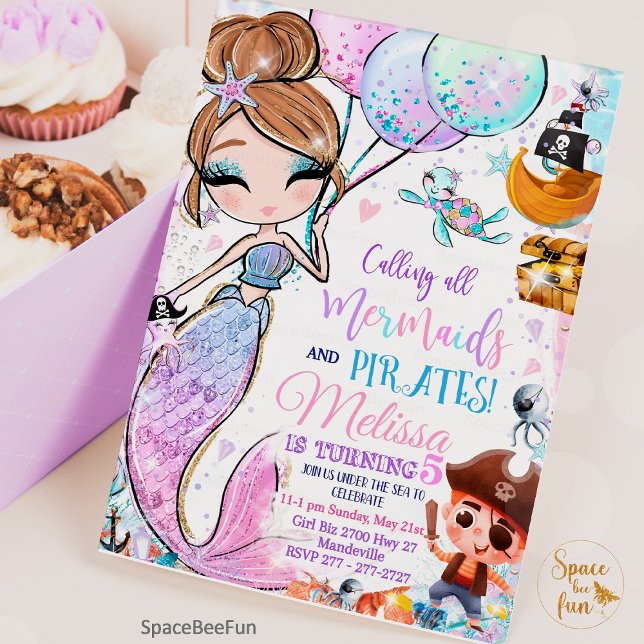 Invitación Sirenita y piratas invitan a la sirena de cumpleañ (Mermaid Birthday Invitation Mermaid and Pirates Party invite, Pool invite, Magical party, Brown hair)