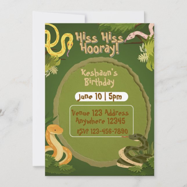 Invitación Siseo Siseo Hurra, Cumpleaños de Serpiente (Anverso)