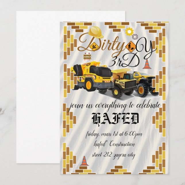 Invitación sitio de construcción, cumpleaños de construcción  (Anverso / Reverso)