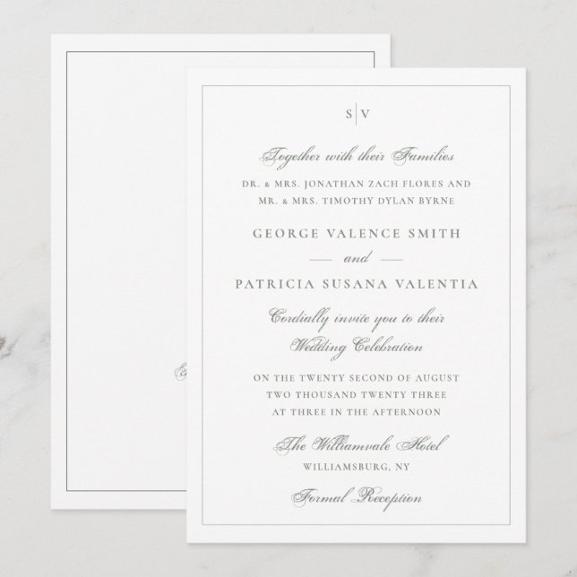 Invitación Sitio web de boda con monograma clásico en verde s (Anverso / Reverso)
