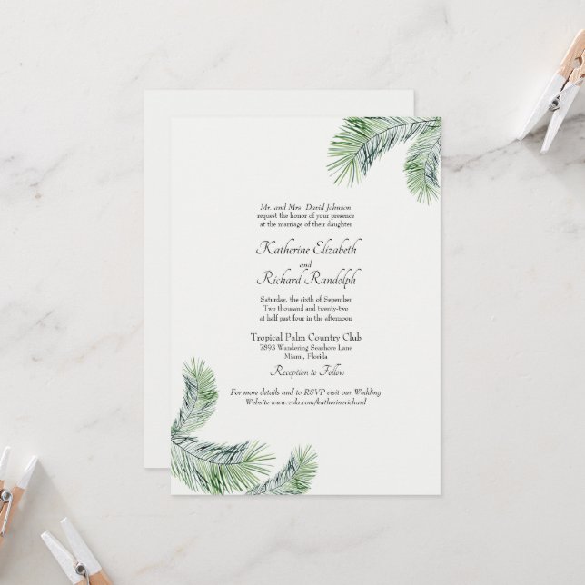 Invitación Sitio web de boda de Palma Tropical Mint Un lugar (Anverso/Reverso In Situ)