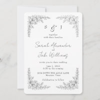 Sitio web de boda floral con contorno negro elegan