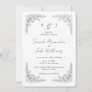 Invitación Sitio web de boda floral con contorno negro elegan