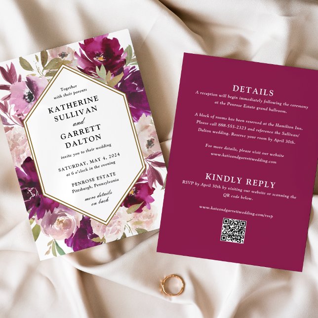 Invitación Sitio web de boda floral magenta de doble cara (Subido por el creador)
