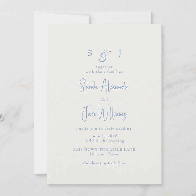 Invitación Sitio web de boda simple azul y crema (Anverso)