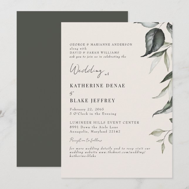 Invitación Sitio web de foliaje botánico de champán boda (Anverso / Reverso)