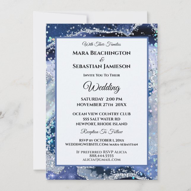 Invitación *~* Sitio web de NAVY RSVP AGATE Stars AR13 Boda (Anverso)