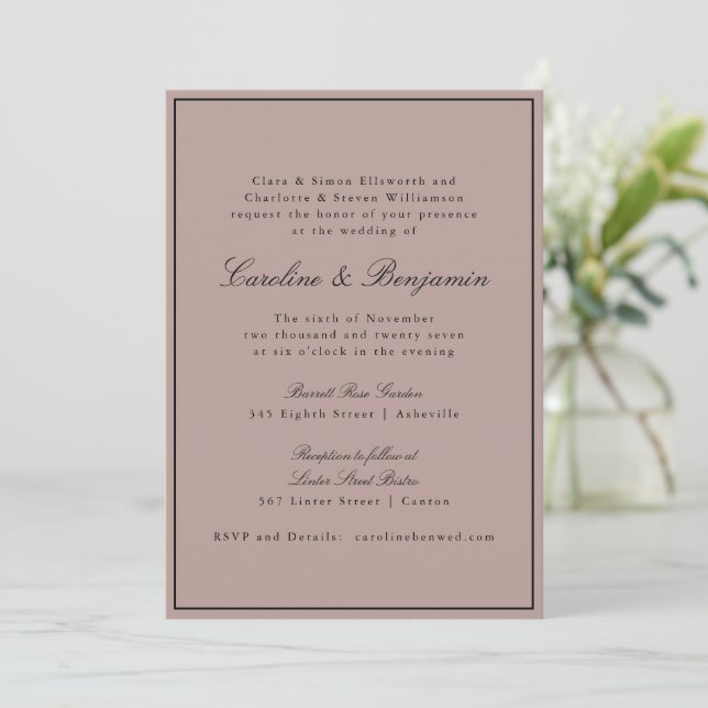 Invitación Sitio Web Formal Classic Border Script Mauve Boda (Anverso de pie)