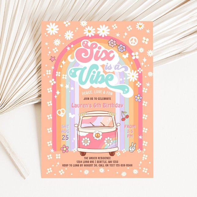 Invitación SIX es una Vibra Hippie Genial Cumpleaños 6 (Subido por el creador)