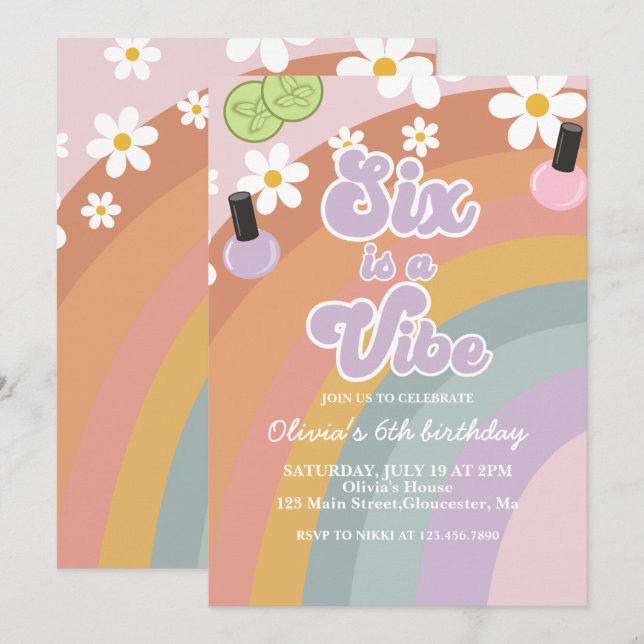 Invitación Six es una vibra Spa Rainbow 6 cumpleaños (Anverso / Reverso)