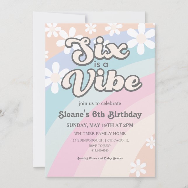 Invitación Six is a Vibe Groovy Retro Rainbow Daisy (Anverso)