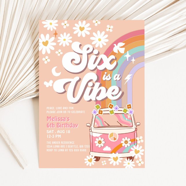 Invitación Six is a Vibe Pink Daisy Rainbow Van Birday (Subido por el creador)