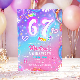 Invitación Six Seven 6 7 Neon Glow Retro Groovy Girl Birthday