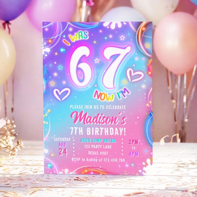 Invitación Six Seven 6 7 Neon Glow Retro Groovy Girl Birthday (Subido por el creador)