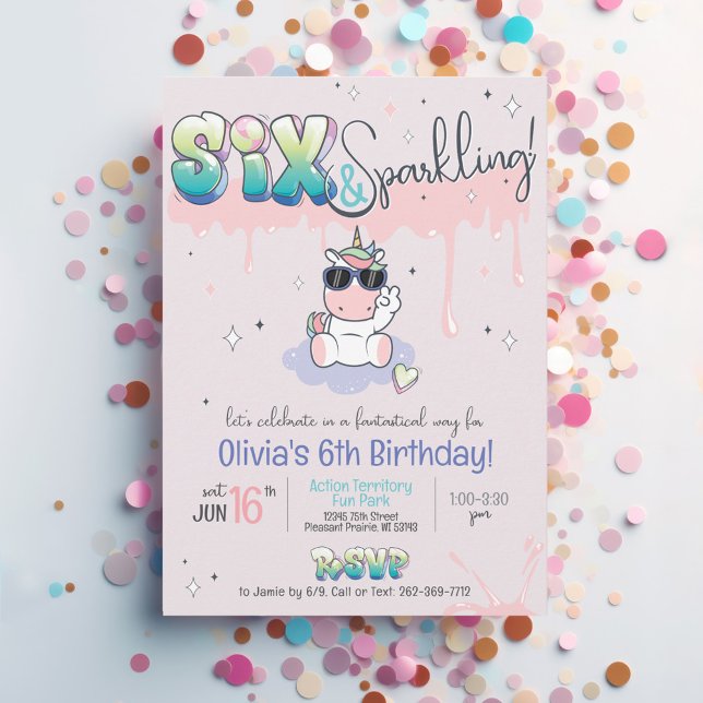 Invitación SIX y esparcido Chica de graffiti unicornio (Cute Six & Sparkling retro stars pink purple kawaii unicorn theme graffiti 6th birthday invitation)