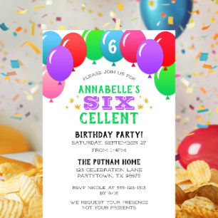 Invitación SIXcellent 6th Birthday Balloon Banner Purple