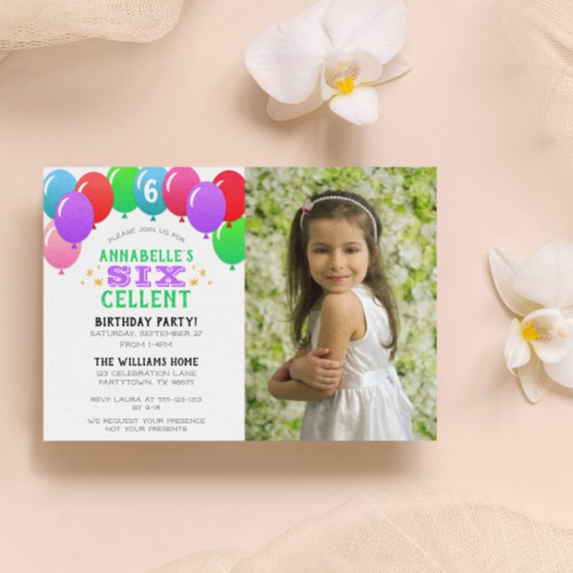 Invitación SIXcellent 6th Birthday Balloon Purple Photo (Subido por el creador)