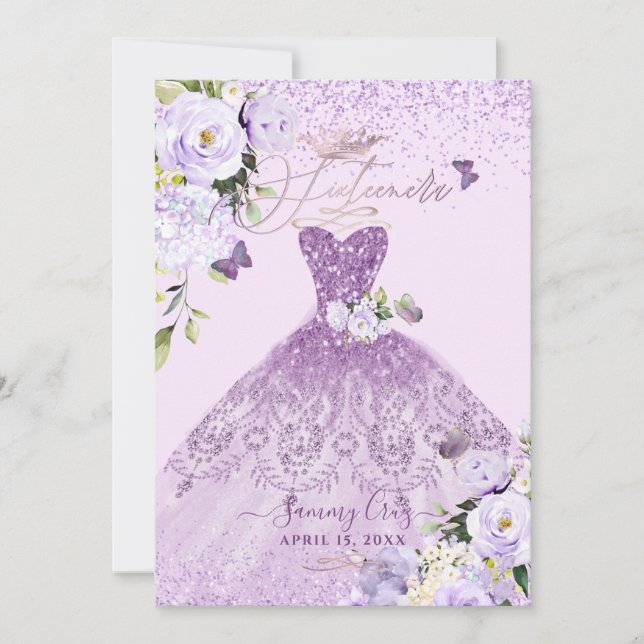 Invitación Sixteenera Dusty Lilac Purple Purpurina Gown (Anverso)