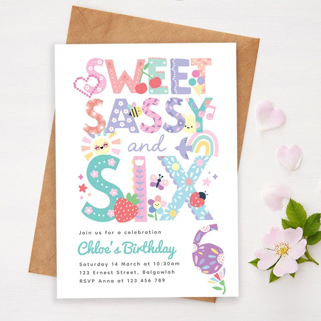 Invitación Sixth Birthday Invite Girl, Sweet Sassy Six (Subido por el creador)