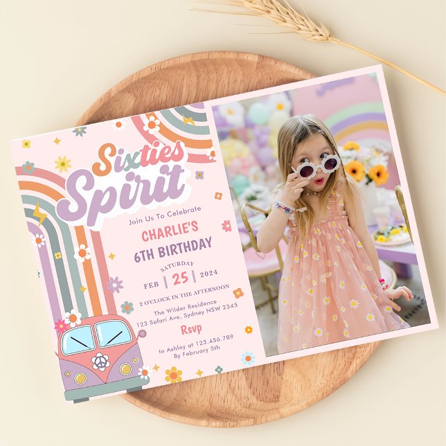 Invitación Sixties Spirit Groovy Daisy Foto de primer cumplea (Subido por el creador)