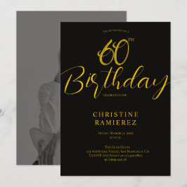 Invitación Sixtieth Birthday Party Black And Gold Photo 