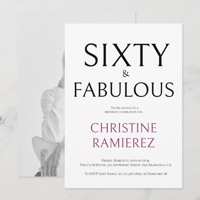 Invitación Sixtieth Birthday Party Invitation White Photo  (Anverso / Reverso)