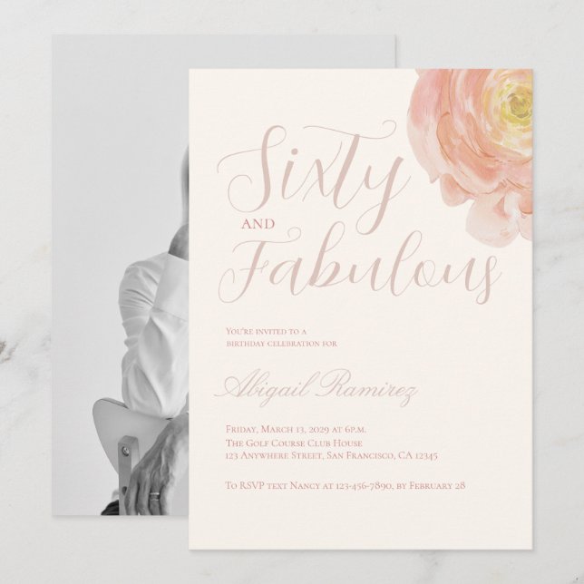 Invitación Sixtieth Birthday Party Soft Rose Pastel Photo  (Anverso / Reverso)