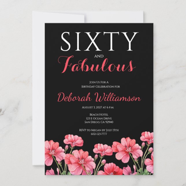 Invitación Sixty and Fabulous Black Pink 60th Birthday  (Anverso)
