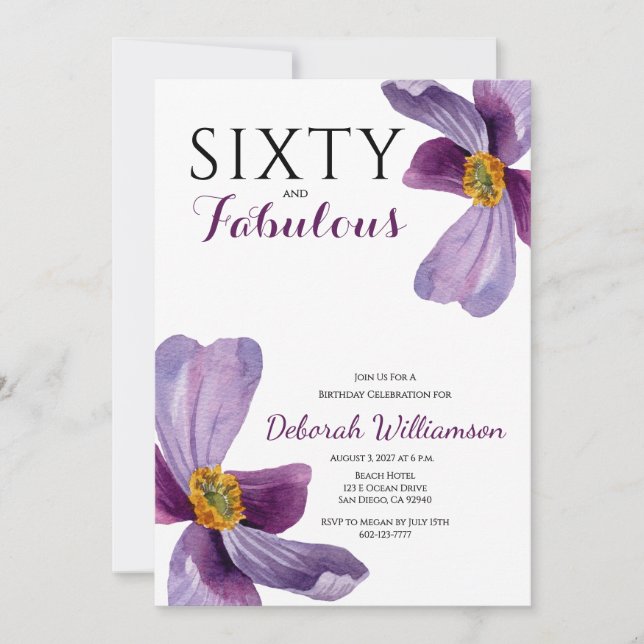 Invitación Sixty and Fabulous Purple Floral 60th Birthday  In (Anverso)