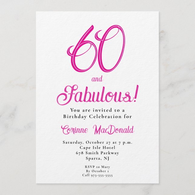 Invitación Sixty and Fabulous Script Pink 60th Birthday Party (Anverso)