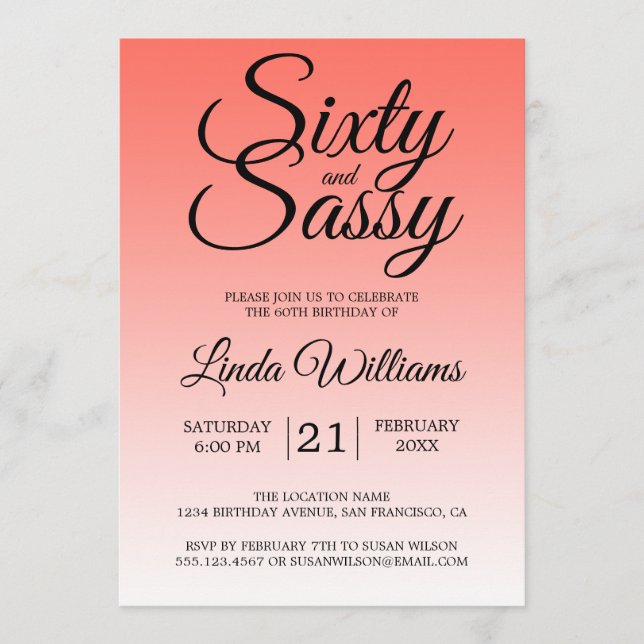 Invitación Sixty and Sassy Coral Ombre 60th Birthday (Anverso)