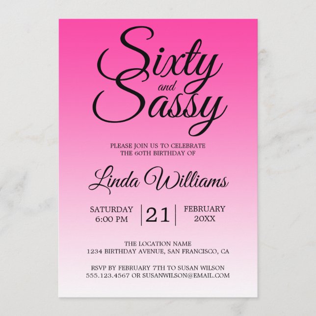Invitación Sixty and Sassy Hot Pink Ombre 60th Birthday (Anverso)