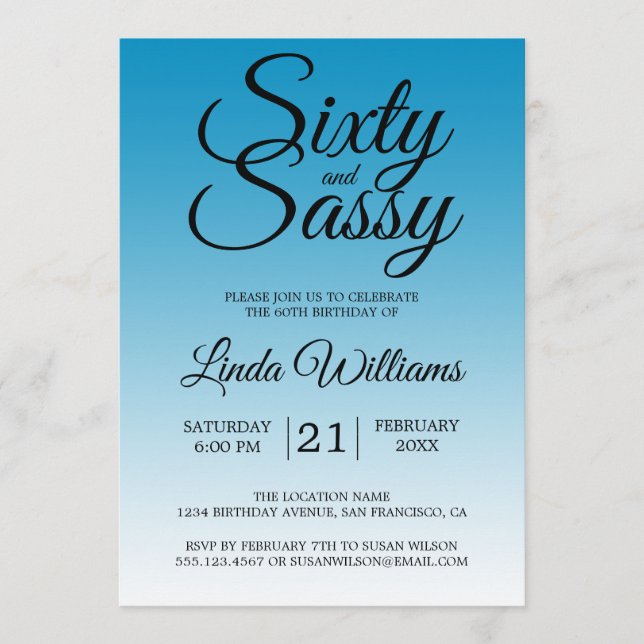 Invitación Sixty and Sassy Malibu Blue 60th Birthday (Anverso)